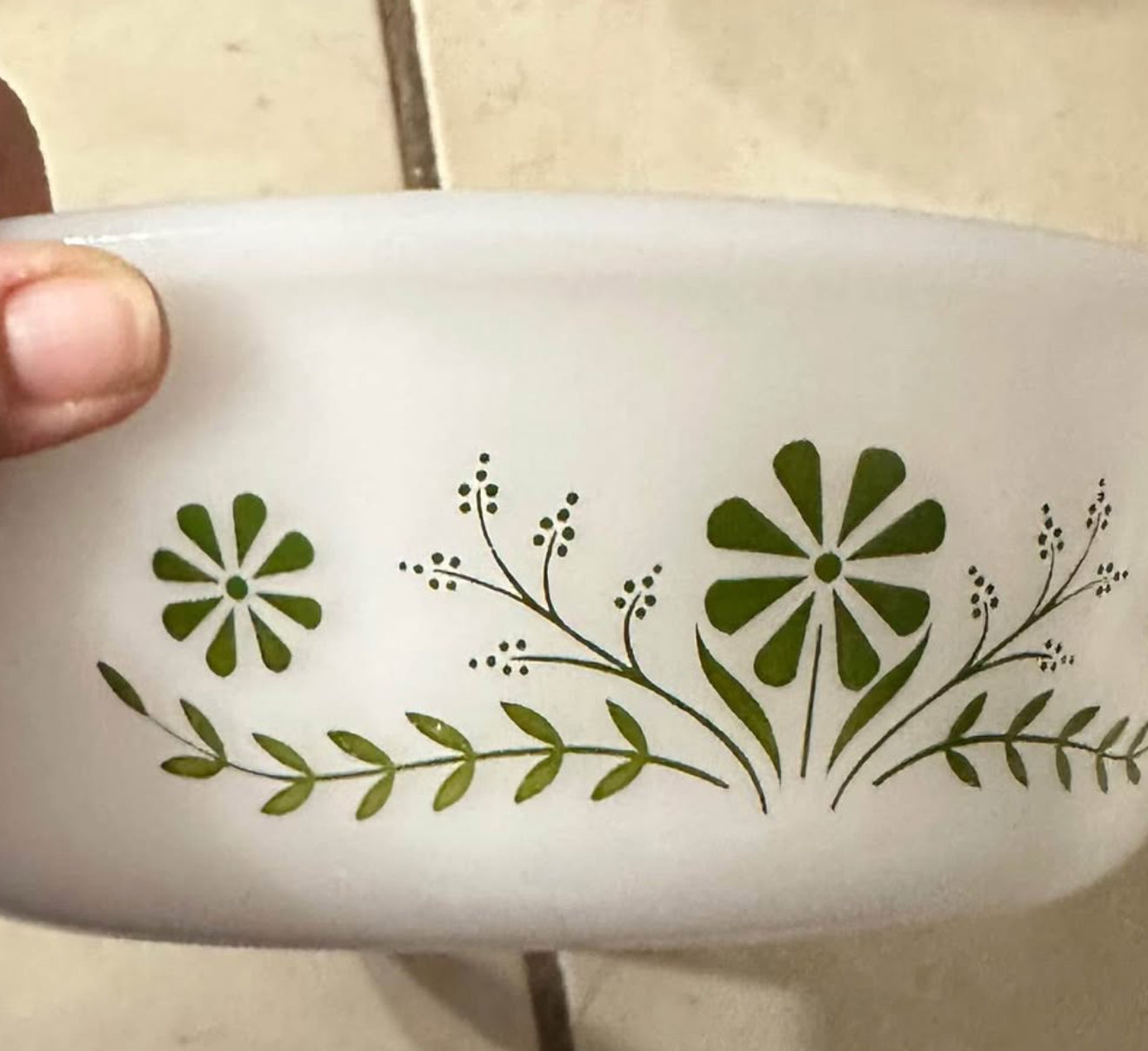 VINTAGE 2 QT PRIMROSE DREAM GREEN FLORAL BAKING DISH Jeanette Glass by Glasbake