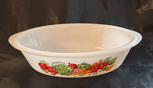 VINTAGE GLASS BAKE MILK GLASS OVAL CASSEROLE "VEGETABLE MEDLEY" #J23S