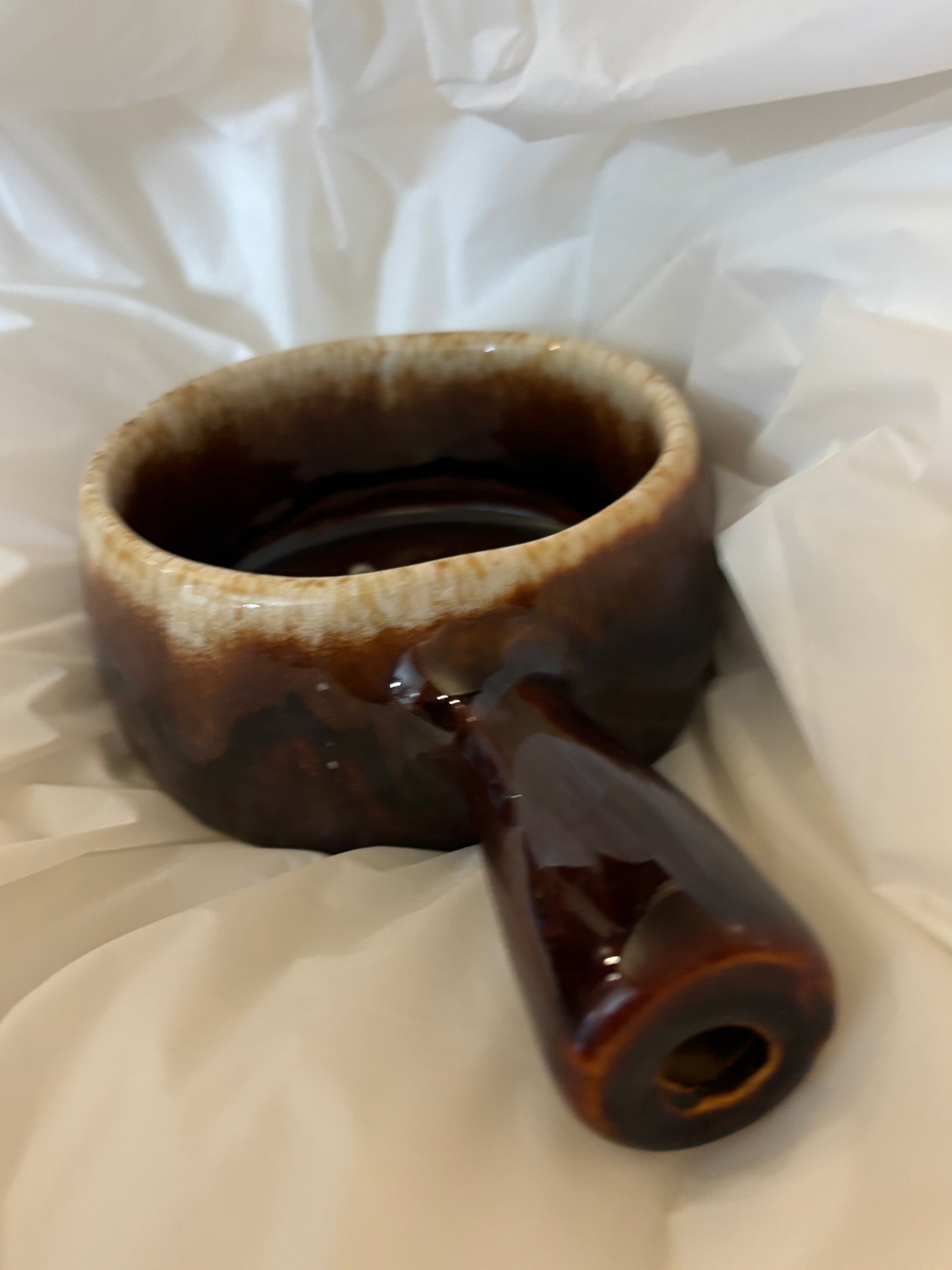 VINTAGE STONEWARE BROWN DRIP GLASS FRENCH ONION SOUP BOWL WITH LID AND HANDLE