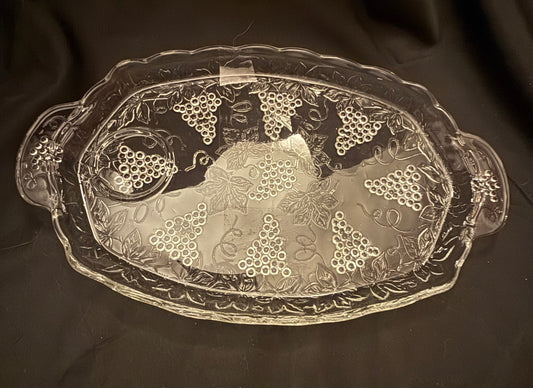 Vintage Anchor Hocking Clear Glass Grape and Leaves Snack Plate