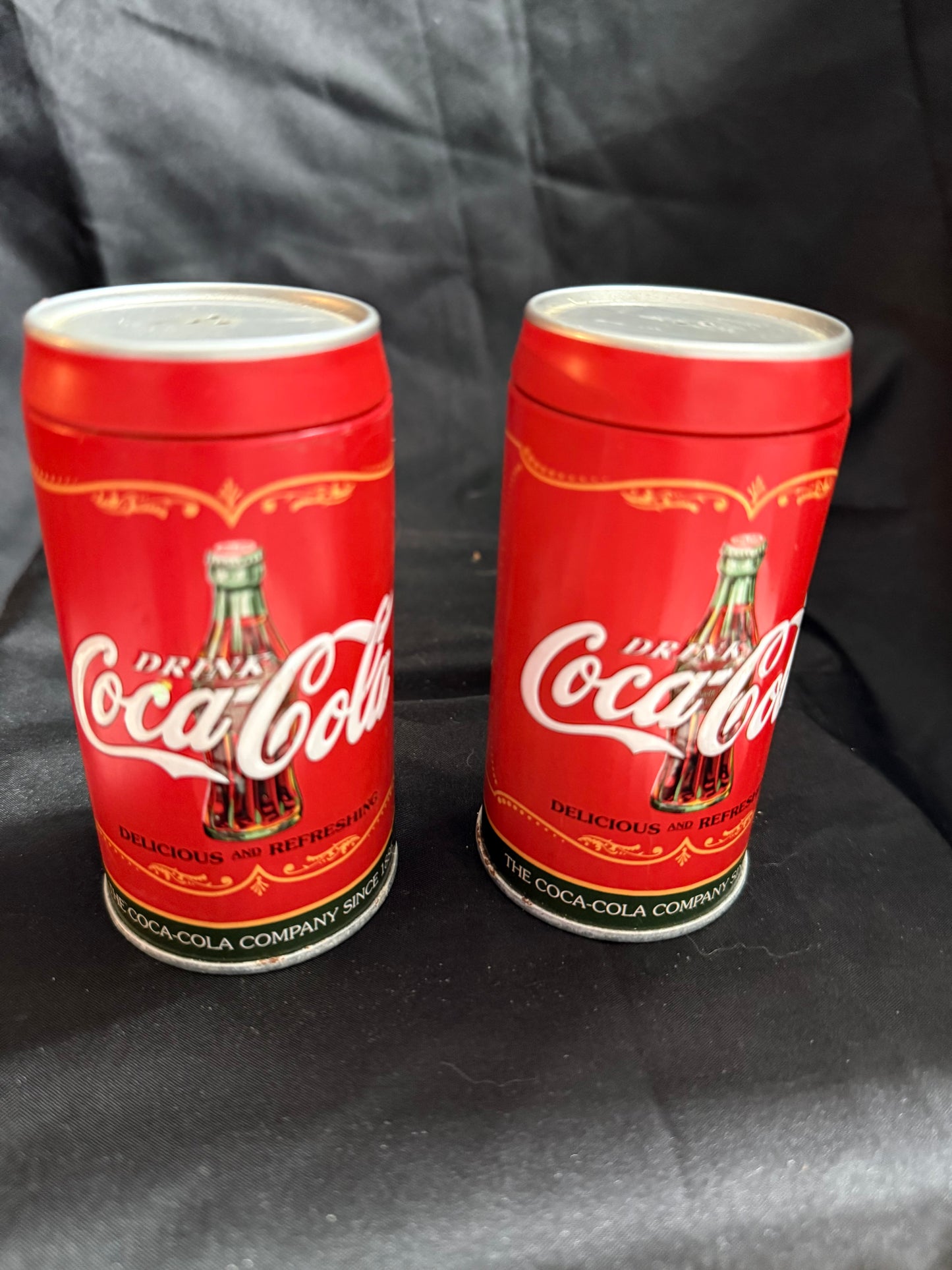 COCA COLA RED & GREEN EMBOSSED CAN SHAPED SALT AND PEPPER SHAKERS (1990s)