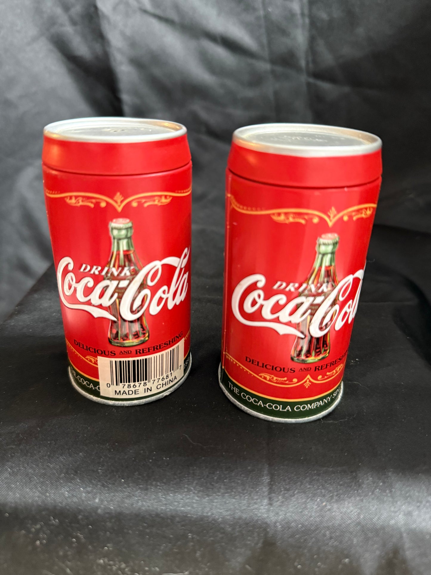 COCA COLA RED & GREEN EMBOSSED CAN SHAPED SALT AND PEPPER SHAKERS (1990s)