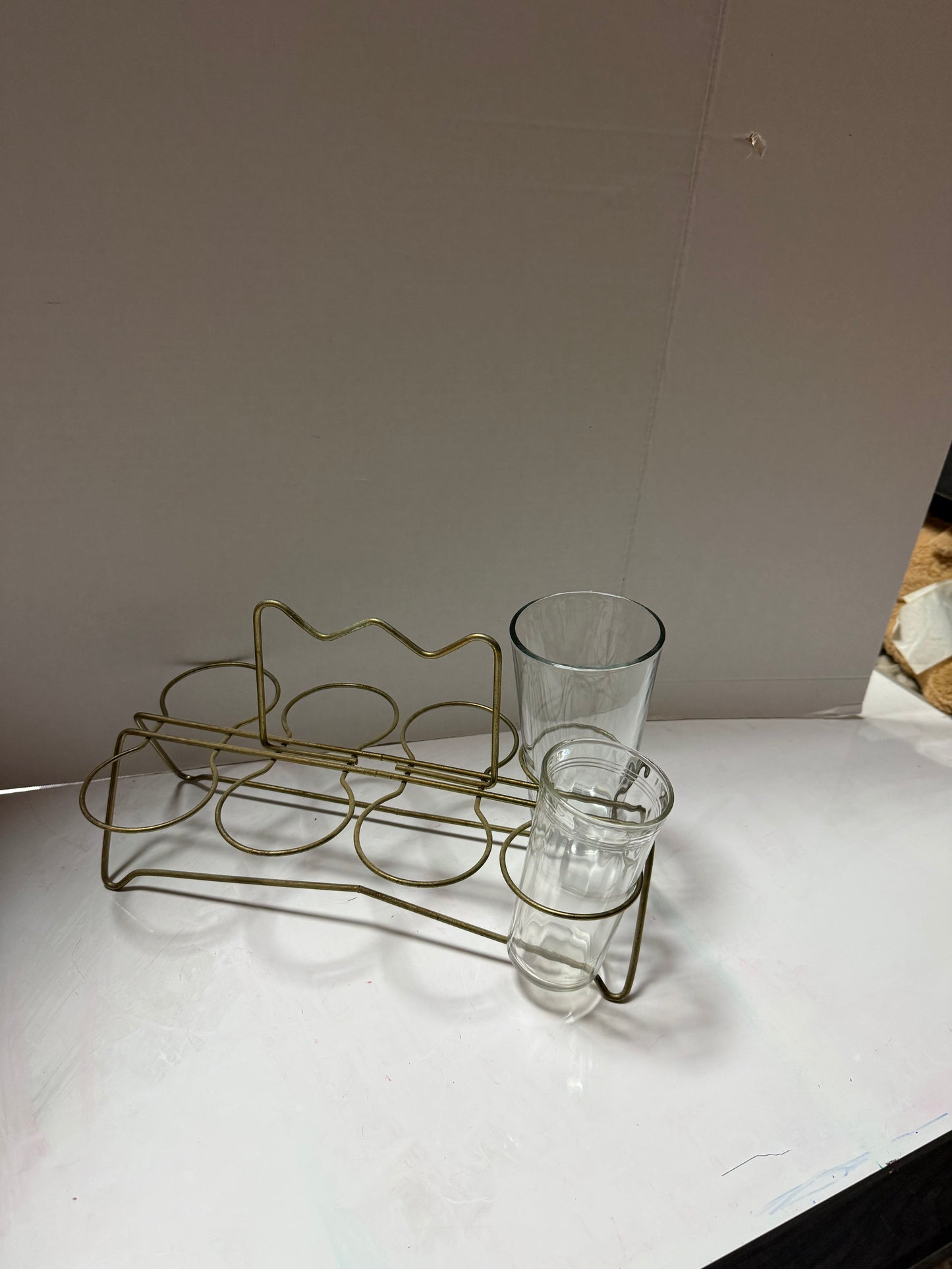 Vintage 1950s Hollywood Regency brass caddy barware glass set
