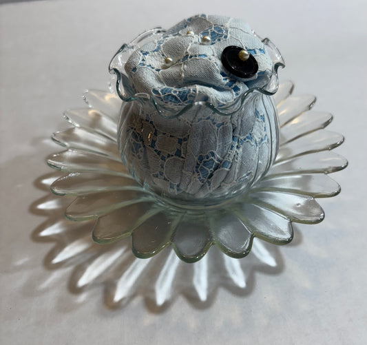 Pin Cushion- Clear with Blue and white Lace