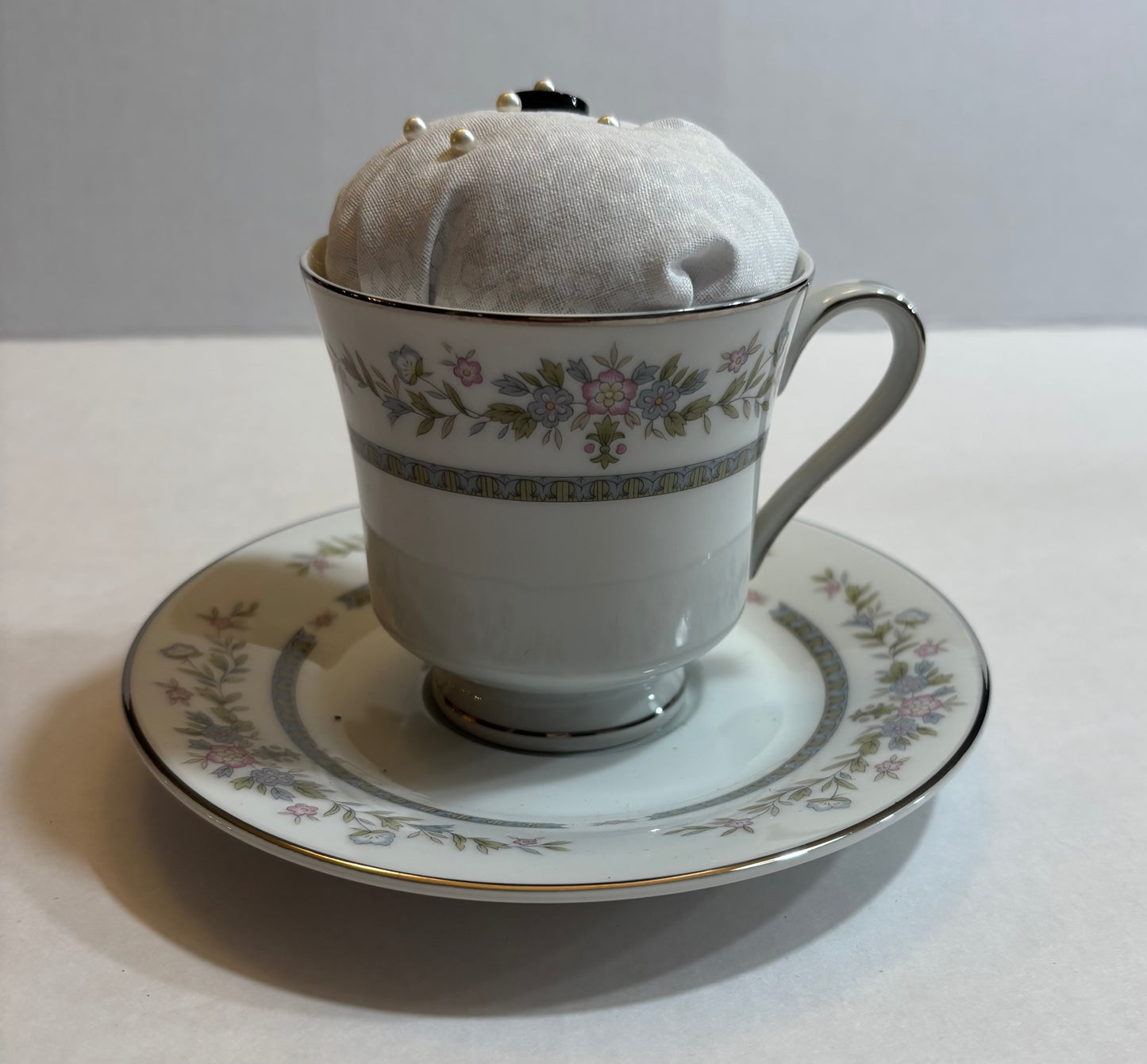 Pin Cushion-Floral with silver trim